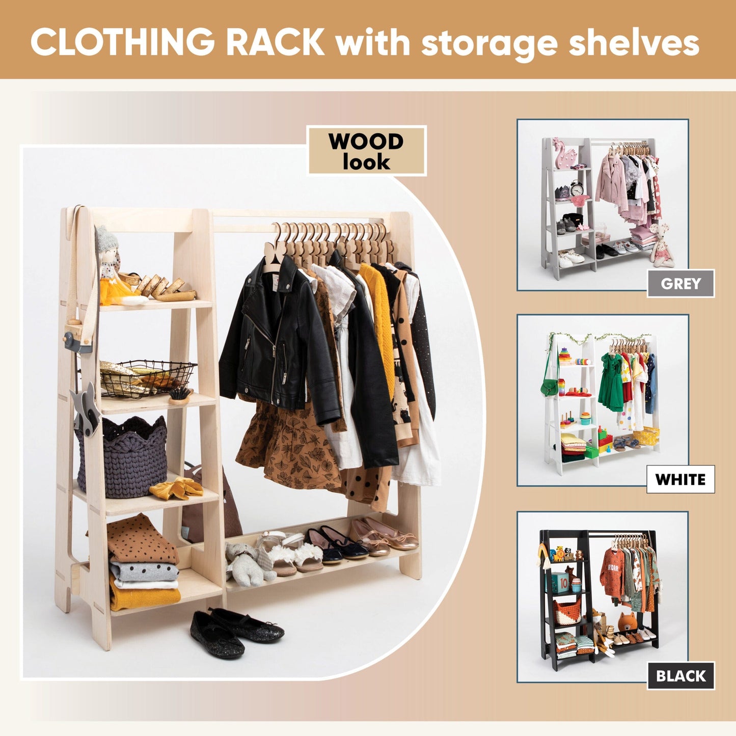 Montessori House Bed Clothing Rack with Shelves for Toddlers