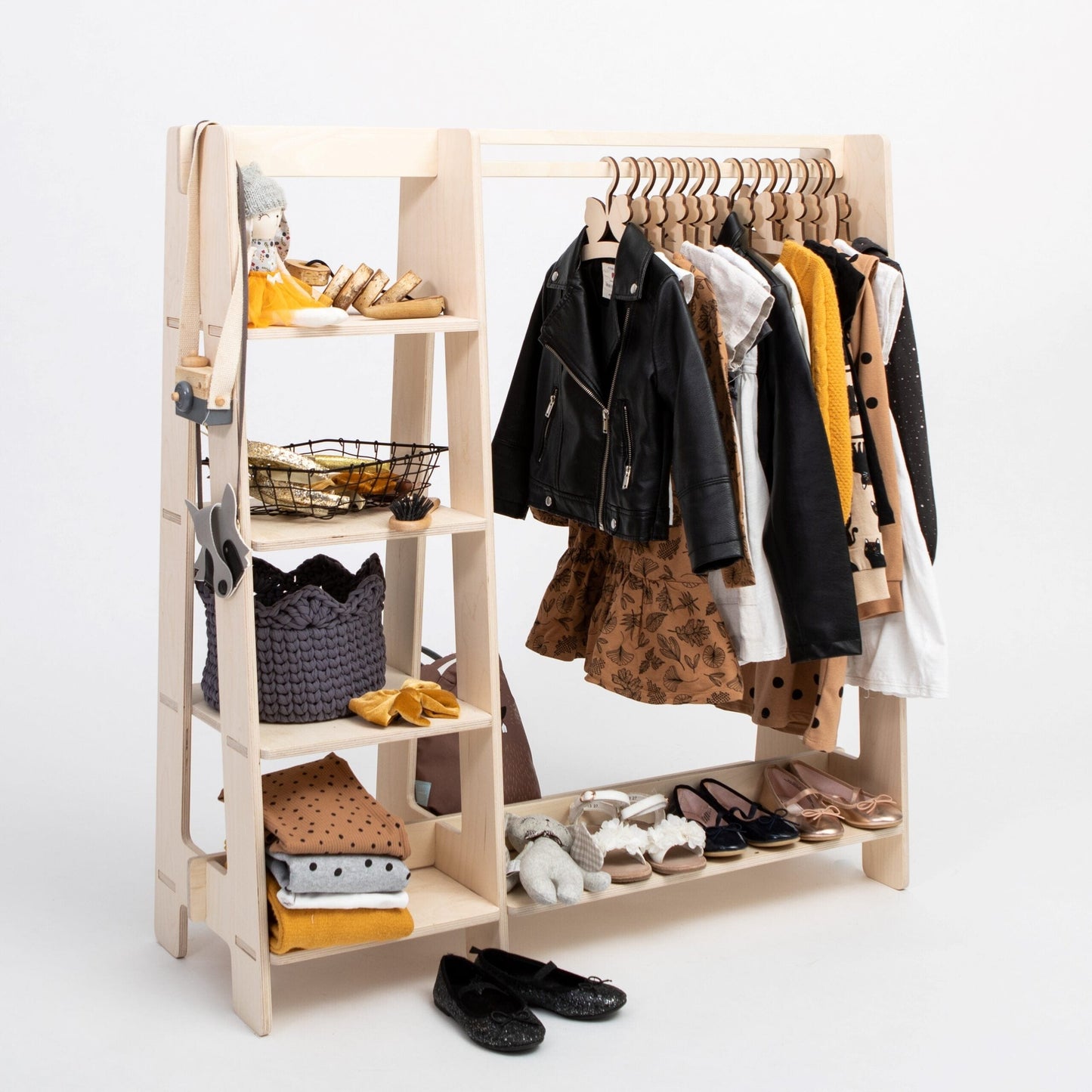 Montessori House Bed Clothing Rack with Shelves for Toddlers
