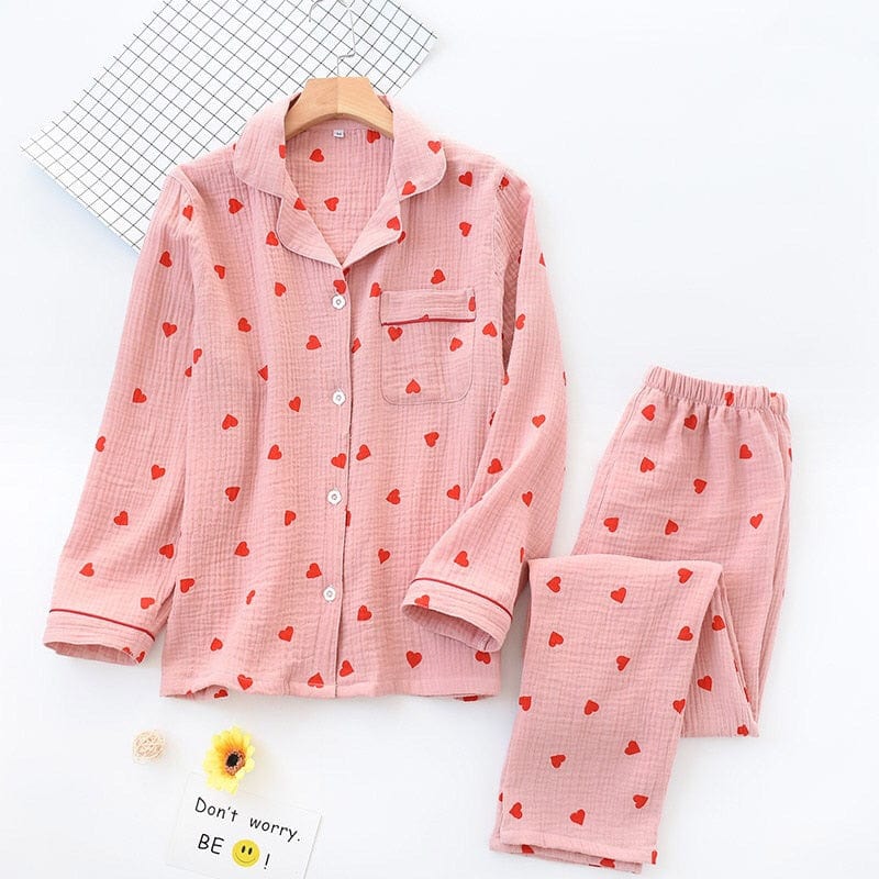 cudo Nightwear Pink / S/M Delphinus cotton pajama set for women with hearts