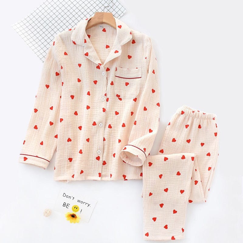 cudo Nightwear Beige / S/M Delphinus cotton pajama set for women with hearts