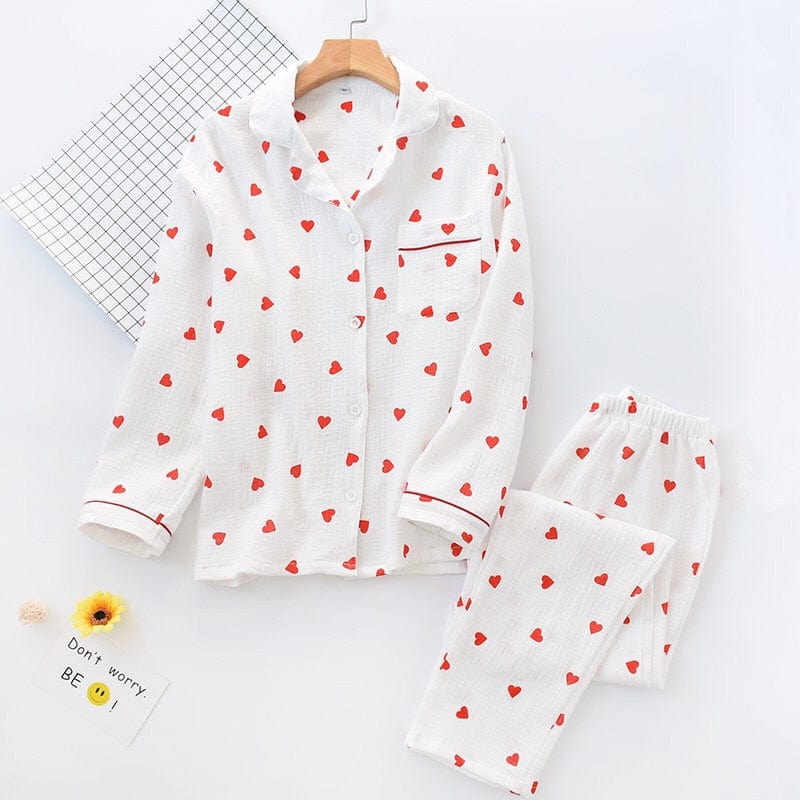 cudo Nightwear White / S/M Delphinus cotton pajama set for women with hearts