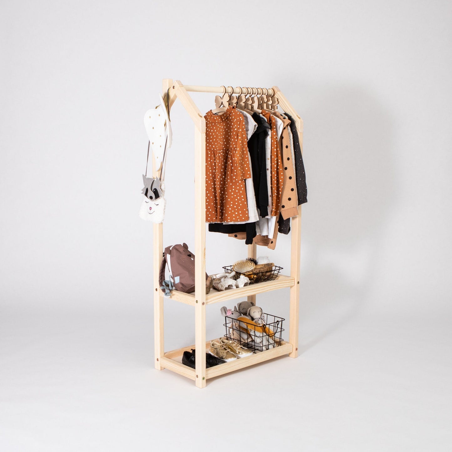 Montessori House Bed House Shaped Clothing Rack with Storage