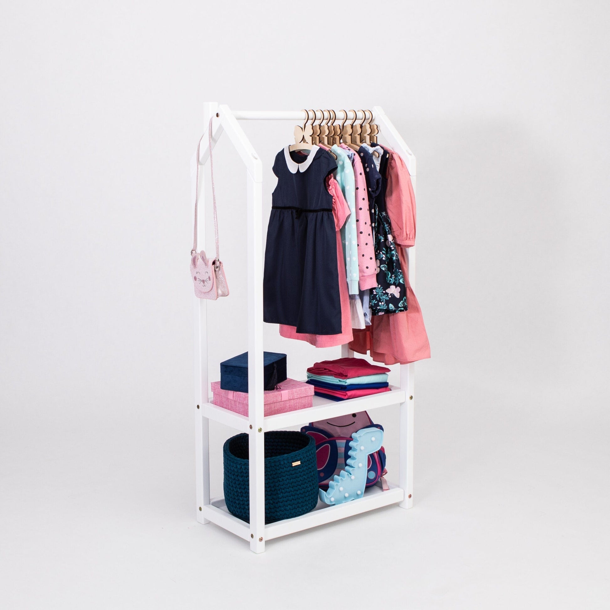 Montessori House Bed House Shaped Clothing Rack with Storage