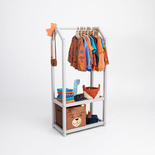 Montessori House Bed House Shaped Clothing Rack with Storage