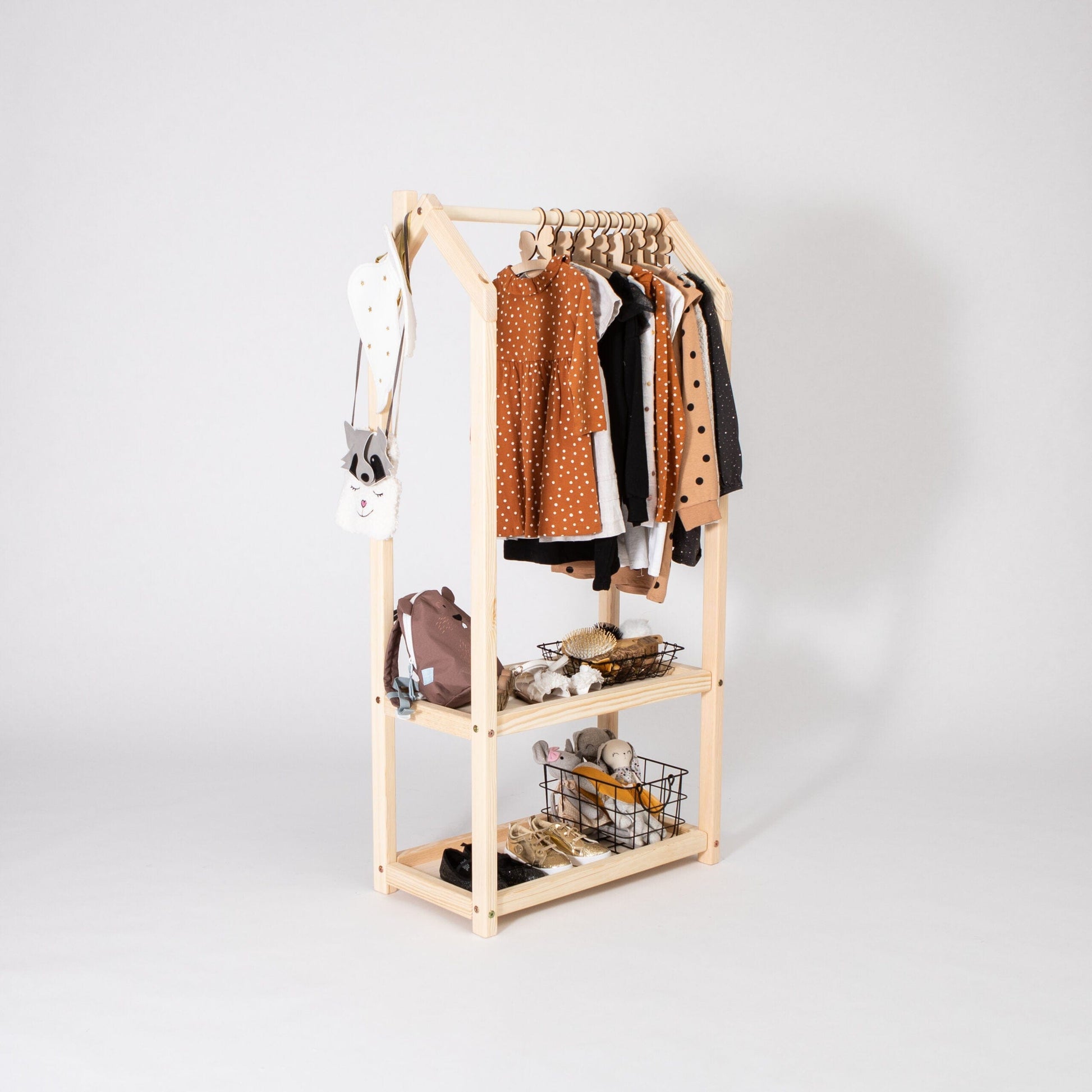 Montessori House Bed House Shaped Clothing Rack with Storage